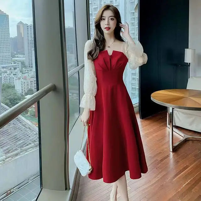 Red Dresses For Women Party Korean Style Elegant Luxury Elastic On Sales Full High Quality Prom Evening Woman Long Sleeve Dress