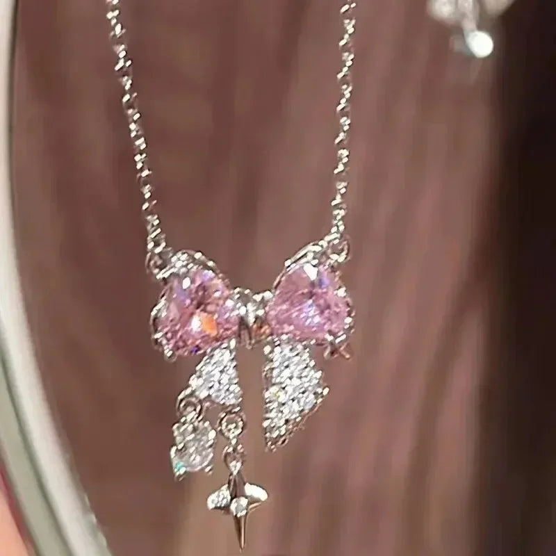 2pcs Set Fashion Bowknot Necklace Rings Set Crystal Bow Knot Pendant Necklaces Adjustable Bow Rings Fairy Shiny Pink Jewelry