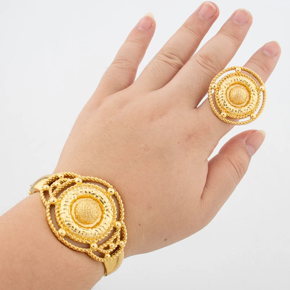 Brazilian Plated Bangle with Ring Jewelry for Ladies Exquisite Flower Design Hand Bracelet Finger Ring 2Pcs Set for Party