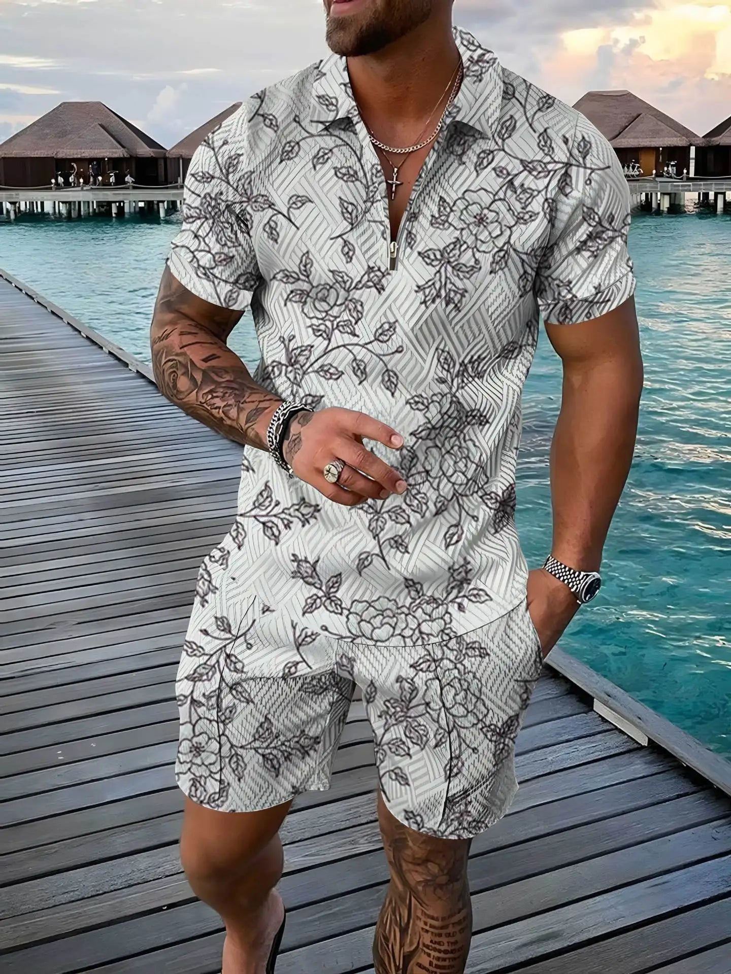 Men's Polo Tracksuit Set Summer Fashion Men Short Sleeve Zipper Polo Shirt&Shorts Set for Men Casual Streetwear 2 Piece Suit