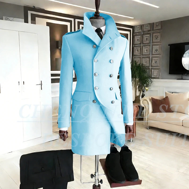 Casual Men's Suits 2 Piece Jacket Pants Grey Double Breasted Stand Lapel Luxury Blazer