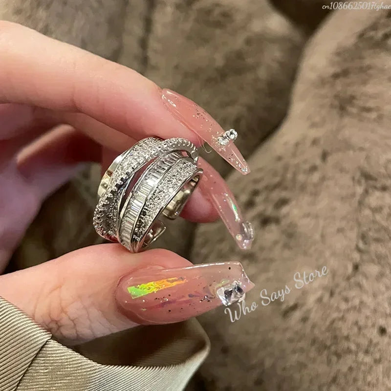 Korea New Fashion Jewelry Exquisite Silver Color Zircon Ring Elegant Women's Opening Adjustable Wedding Gift Luxury Accessory