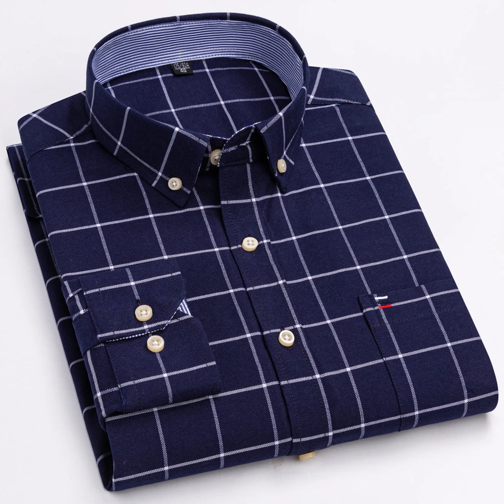 Men's Oxford Long Sleeve Shirt 100% Cotton Wrinkle Resistant & Breathable, Solid Plaid Striped Comfort Casual Button-down Shirts