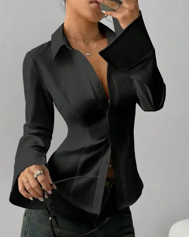 Women Blouse 2026 Spring Autumn New Solid Color Button Up Turn-Down Collar Long Sleeved Slim Fit Casual Cinched Waist Shirt Top