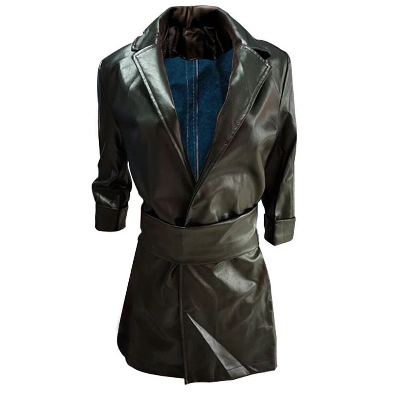 Elegant Leather Women's Dress Sexy V Neck Leather Mid Length PU Leather Waist Closure Dresses Trend Turn Down Dress With Belt