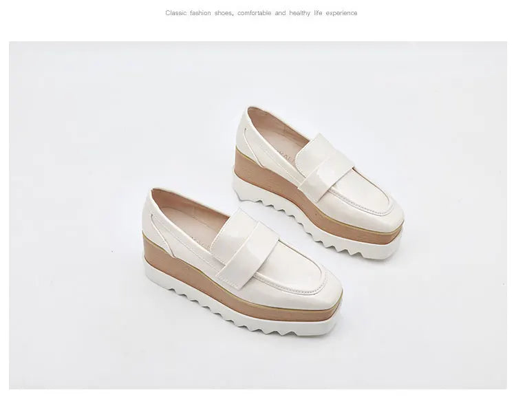 8cm Heeled Platform Wedges Shoes Womens High Heels Casual Lazy Shoes Square Toe Wedge Creepers Pumps Damen Black
