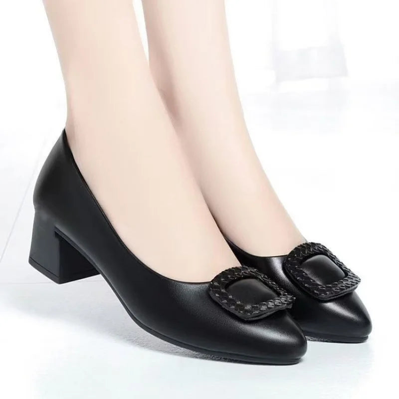 Women's Heeled Pumps—PU Leather Slip-On Dress Shoes, Lightweight Walking Shoes, Suitable for Mothers, Office Wear, and Everyday