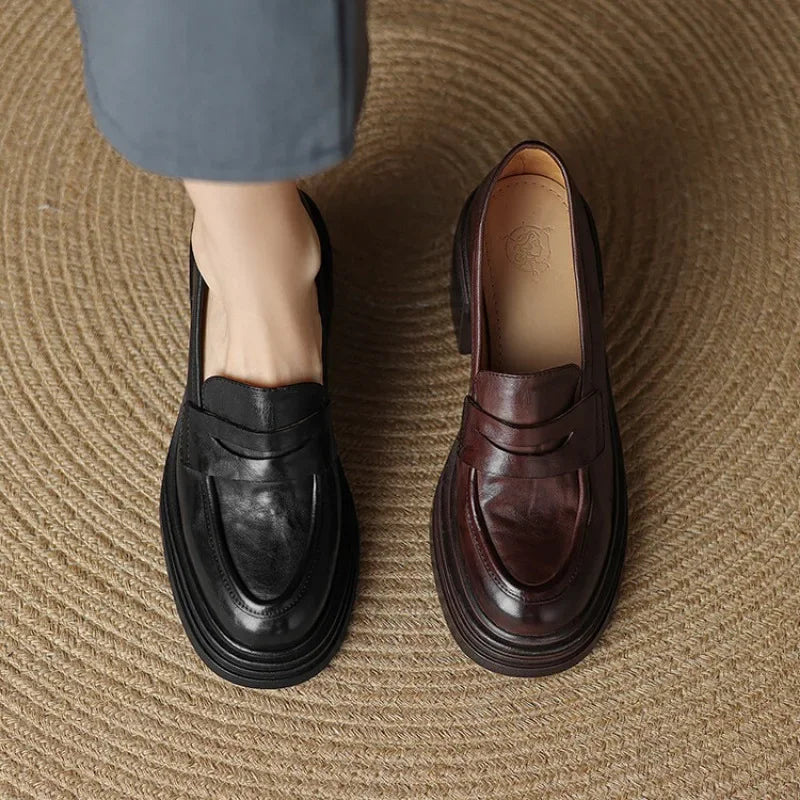Women Chunky Heel Genuine Leather Wedge Shoes Woman Platform Pumps Female High Heel Zapatos Mujer Handmade thick sole Loafers