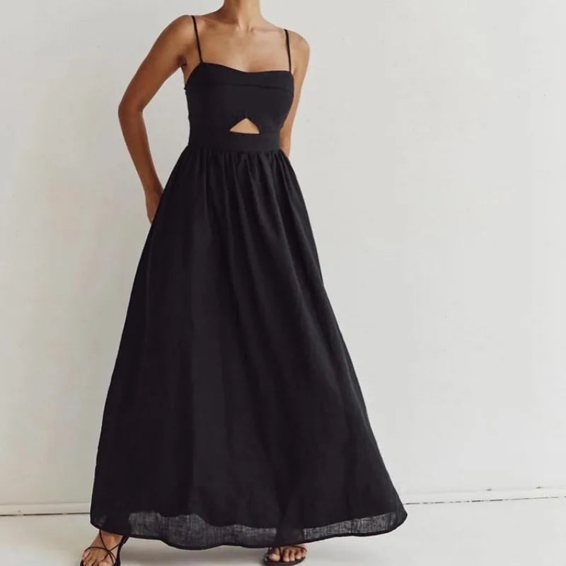 Sexy Black Corset Vacation Party Dress for Women Autumn Elegant Strap Backless Hollow Out Slit Cotton Holiday Long Dress