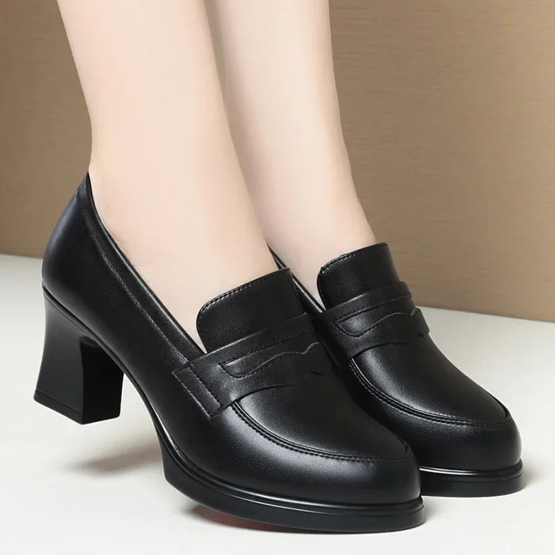 High Heels for Women 2025 Spring Slip on Pointed Toe Platform Heels Chunky Loafers Woman Black PU Leather Uniform College Shoes