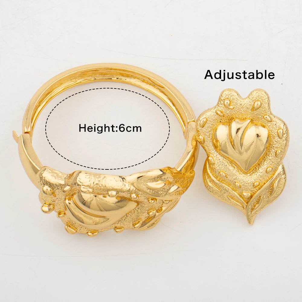 4Set Luxury Bangle Ring For Women Dubai Gold Color Bracelet France Jewelry Set Arabic African Adjustable Ring Party Wedding Gift