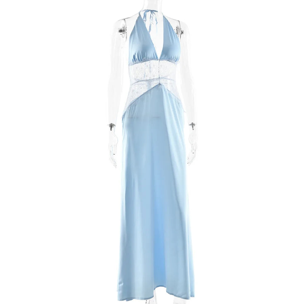 Sexy Deep V-neck Backless Lace Patchwork Satin Dresses for Women 2026 Summer Halter Sleeveless Long Maxi Party Evening Dress