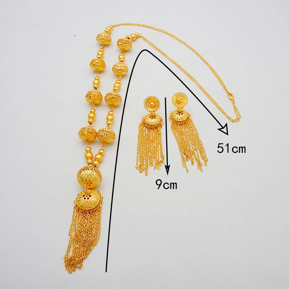 Luxury Dubai Jewelry Sets High Quality Tassel Unique Design African Chain Wedding Long Necklace Earrings Jewelry Set