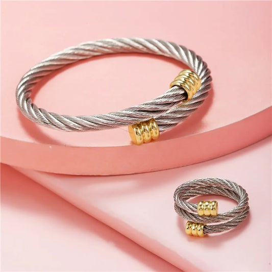 New Fashion Bangle Ring Set for Women Men Punk Stainless Steel Wrist Metal Bracelet No Fade Color Jewelry Accessories Gifts