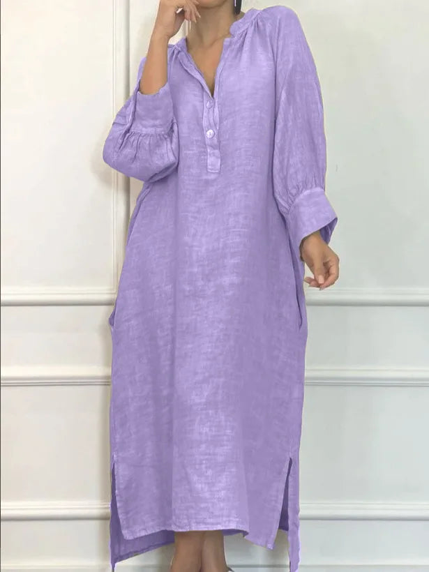 Fashion Cotton Linen Long-sleeved Loose Women's Dresses New Autumn Collection Casual Simple Pocket Elegant Female Slit Dress2025