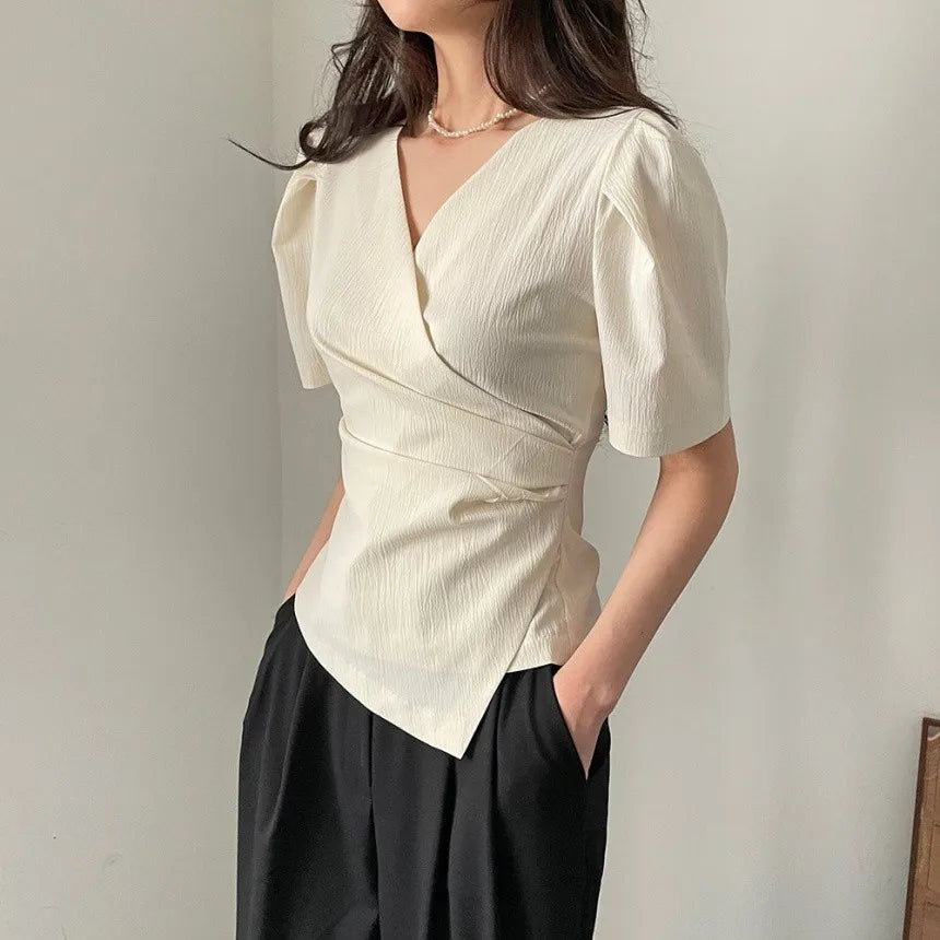 Women Blouse 2026 Spring Summer Solid Tucked V Neck Slim Blouse Elegant Short Sleeve Asymmetrical Top For Women Hot Sale