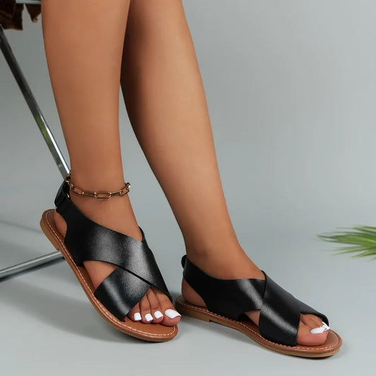 Women's Flat Sandals Lightweight Pu Leather Casual Sandals Summer Peep Toe Beach Sandals for Women Roman Sandal Sandalias Mujer
