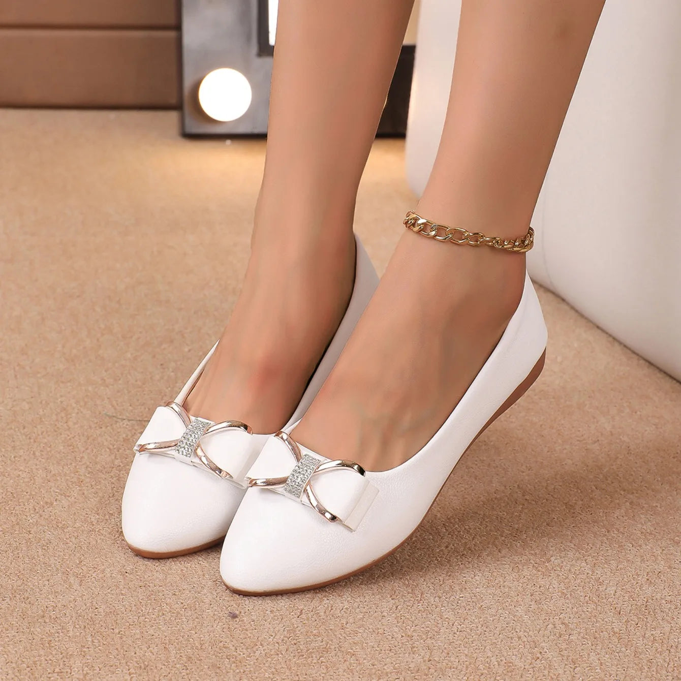 New Women Flats Shoes Ballets Metal Buckle Bow Flat Loafers Women Big Yards Fashion Mary Jane Shoes for Women Zapatos De Mujer