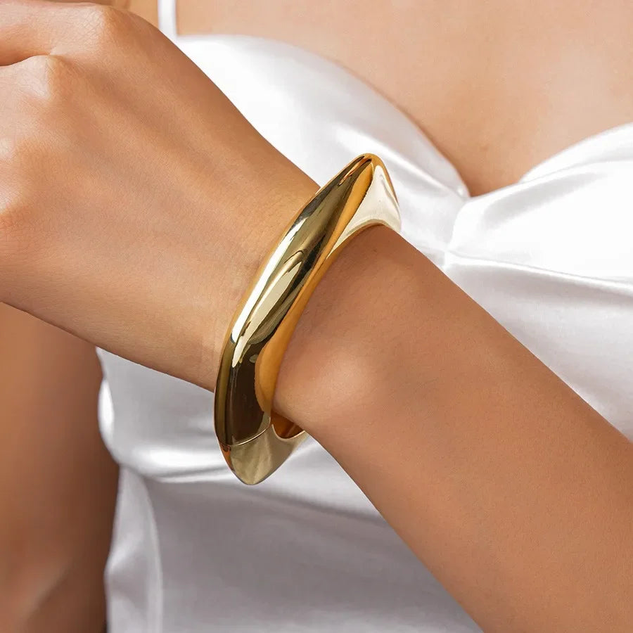 Golden Rock Geometric Metal Wide Open Bangles Statement Large Spring Cuff Bracelets Unisex Massive Party Jewelry Gifts New F