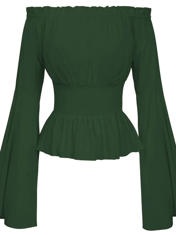 Womens Blouse Gothic Renaissance Flare Sleeves Ruffles Off Shoulder Corset Tops Medieval Victorian Cosplay Costume Pirate Shirt