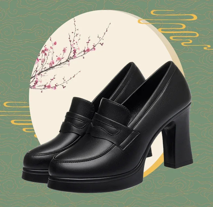 High Heels for Women 2025 Spring Slip on Pointed Toe Platform Heels Chunky Loafers Woman Black PU Leather Uniform College Shoes