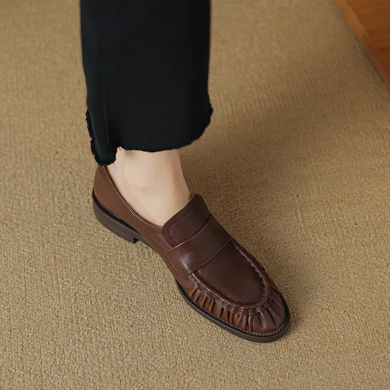 Women Shoes Spring Simple Shoes Soft Flats Slip On Girl Pleated Footwear Handmade Round Toe Genuine Leather Cozy Vintage Shoes