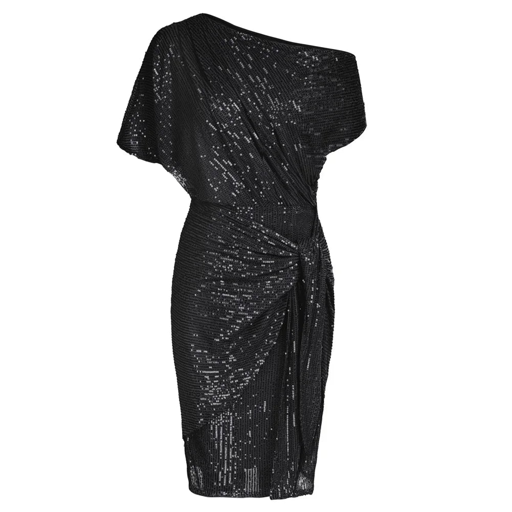 Elegant Party Dress Cocktail Dresses for Women Sequined Summer Ruched Short Sleeve Asymmetric Off Shoulder Bodycon Dress Vestido