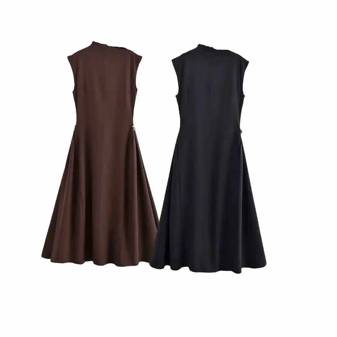 Elegant black long dress women fashion high collar sleeveless pleated dress 2025 spring and summer party ladies evening dress