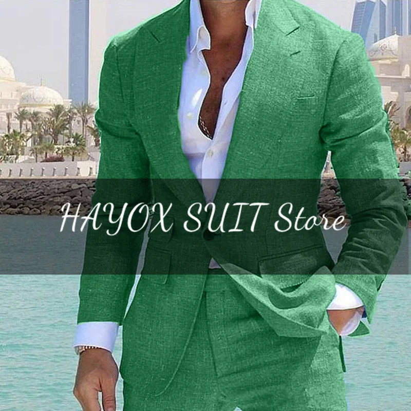 Men's Suit 2 Piece Set Linen Lapel Slim Fit Single Button Casual Comfortable Suit Formal Groom Best Man Dress Elegant and Stylis