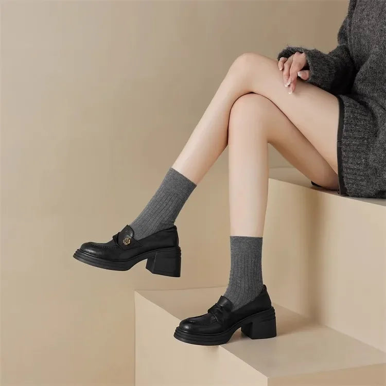 Women High Heel Shoes 2025 Retro Spring Autumn Performance Causal Women's Loafers Fashion Versatile Pumps Ladies Leather Shoes
