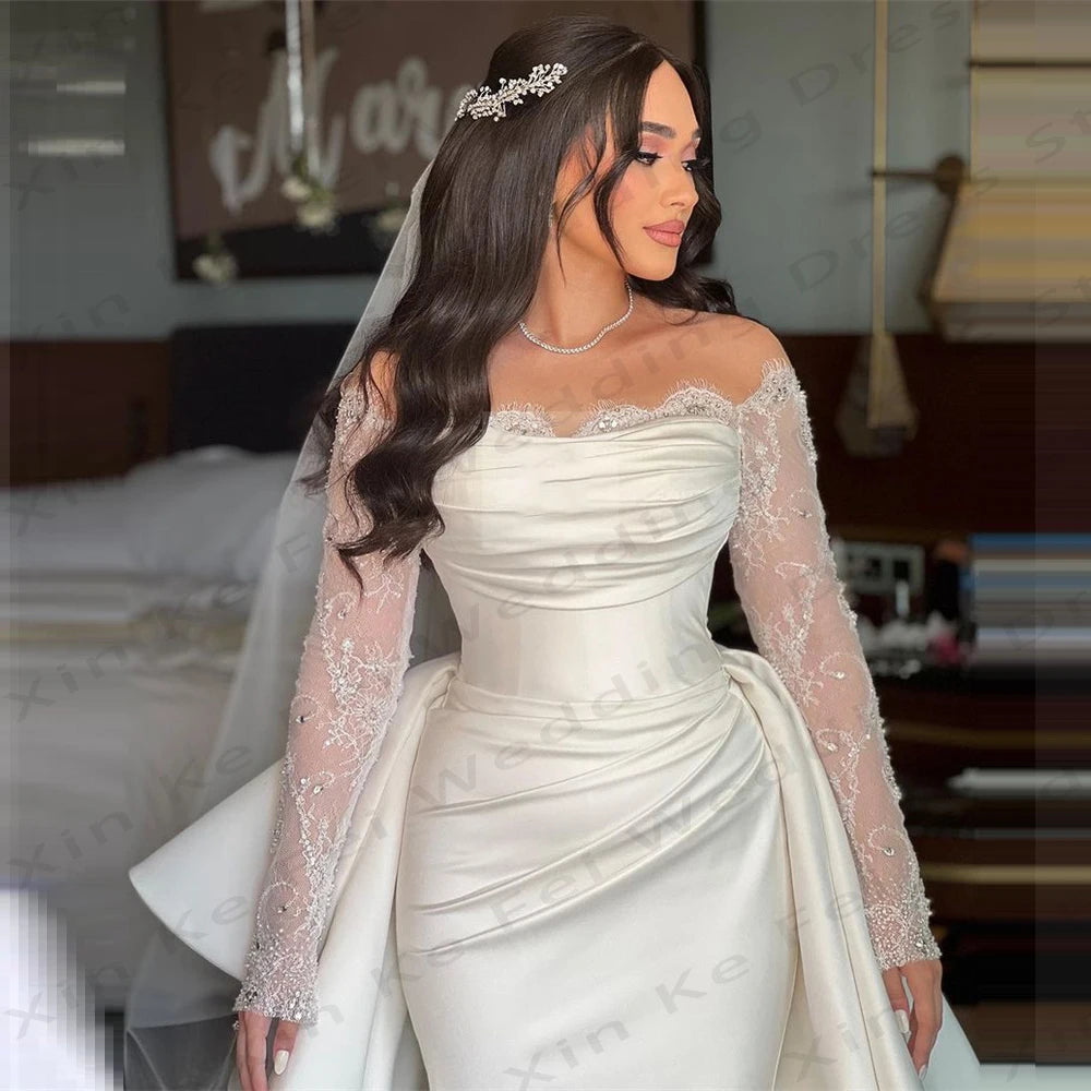 Elegant Women's Satin Bridal Dresses Bohemian Mermaid Lace Long sleeved Princess Wedding Gowns Formal Beach Party 2024 Vestidos