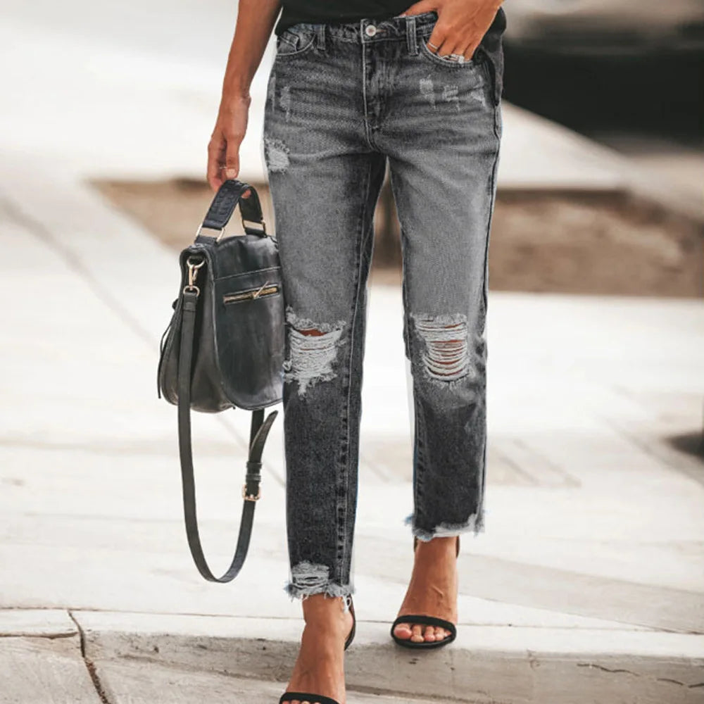 New Women's Slim Jeans Fashion Casual Ripped Denim Pants Spring Autumn Office Lady Work Trousers High-waisted Straight Jeans