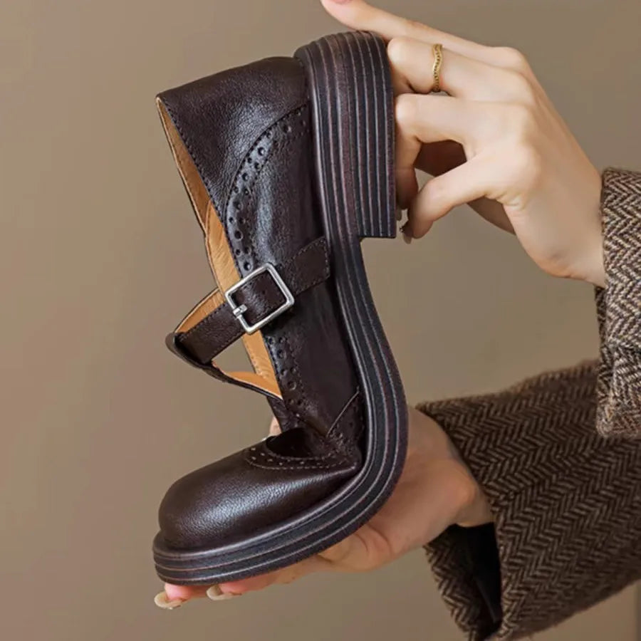 Women's Shoes T Strap Casual Vintage Lambskin Openwork Flower Flat Heel Loafers Women New Shoes Round Head  Leisure Daily Shoe