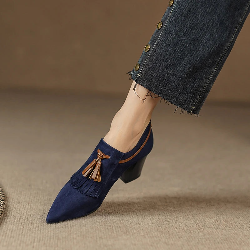 2025 Spring Women Shoes Pointed Toe Chunky Heel Women Pumps Sheep Suede High Heels Belt Buckle Shoes for Women zapatos de mujer