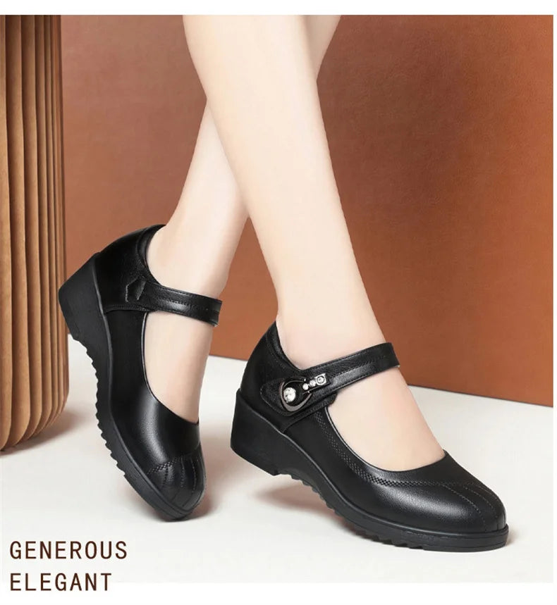 Women's Wedge Anti-slip  Ankle Strap Casual Office Comfortable Soft Leather Shallow Mouth Mom Shoes  Middle-aged Elderly