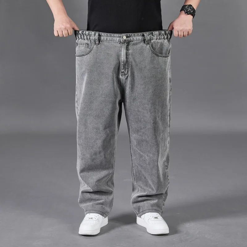Autumn Thin Denim Jeans Men Plus Size Loose Straight Leg Sport Pants Fat Guy Elastic Long Trendy Trousers Black Grey Blue Jeans