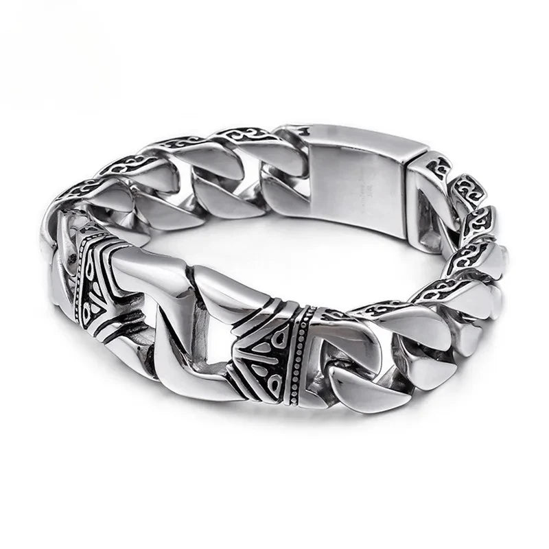 Men's titanium steel bracelets with personalized retro punk style patterns and portrait castings ,featuring decorative borders.