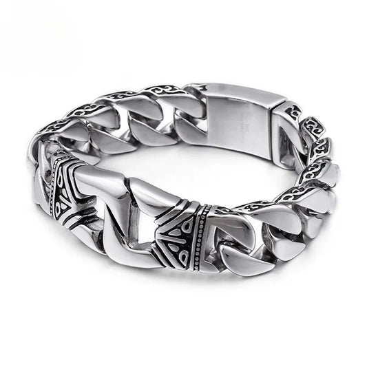 Men's titanium steel bracelets with personalized retro punk style patterns and portrait castings ,featuring decorative borders.