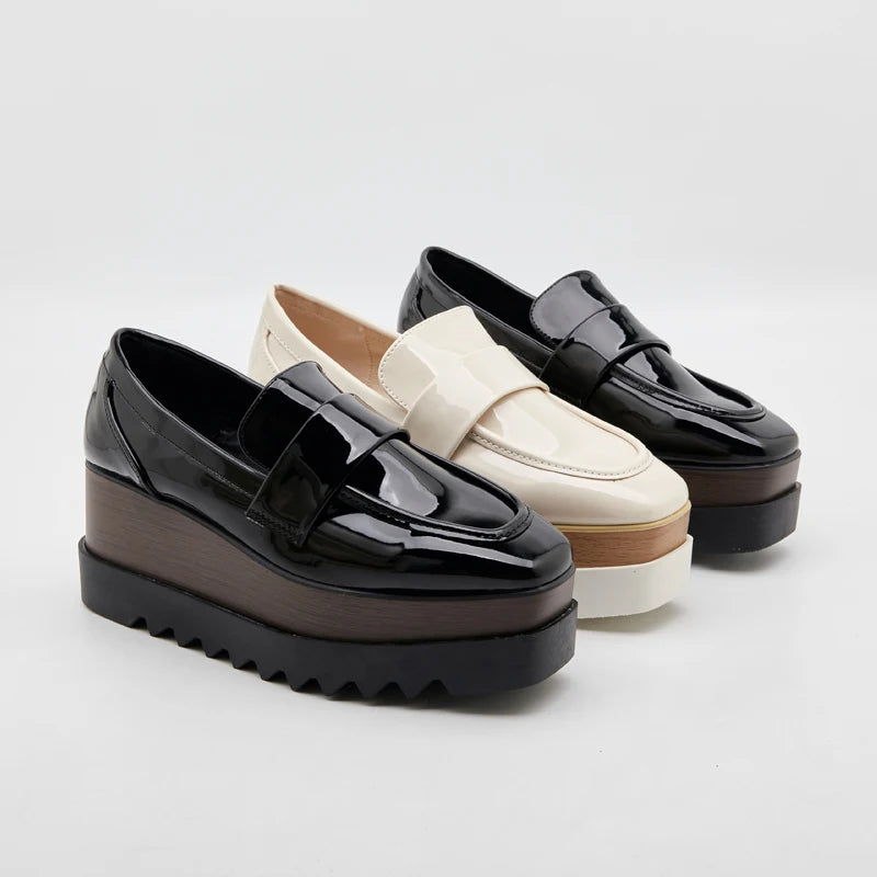 8cm Heeled Platform Wedges Shoes Womens High Heels Casual Lazy Shoes Square Toe Wedge Creepers Pumps Damen Black