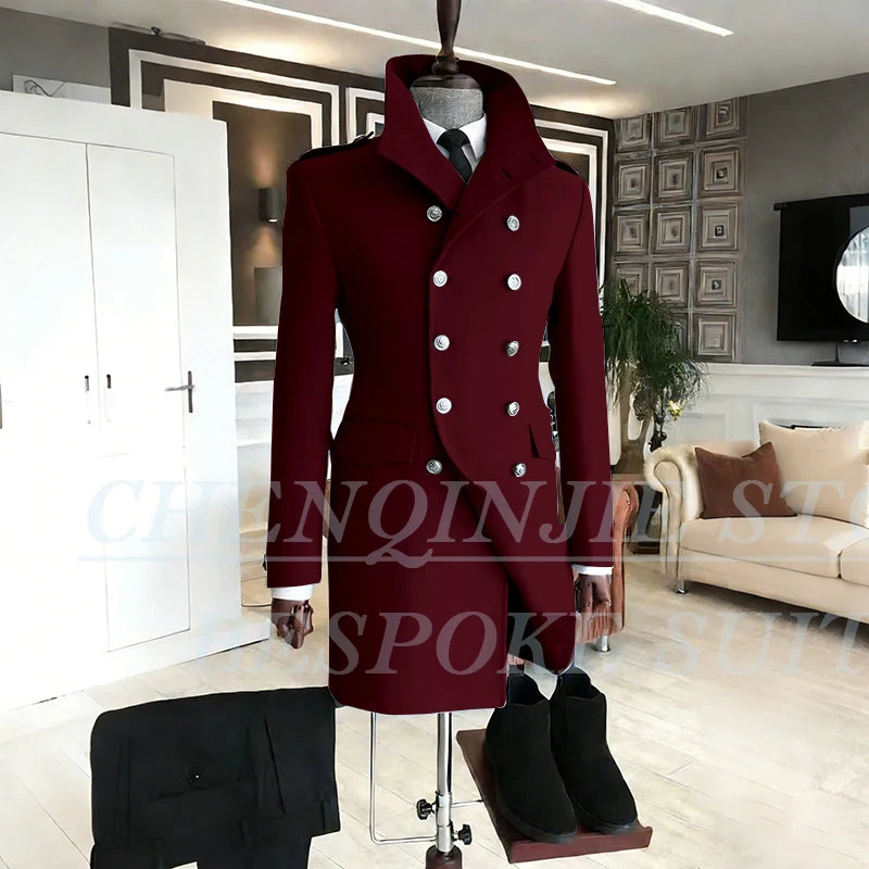 Casual Men's Suits 2 Piece Jacket Pants Grey Double Breasted Stand Lapel Luxury Blazer
