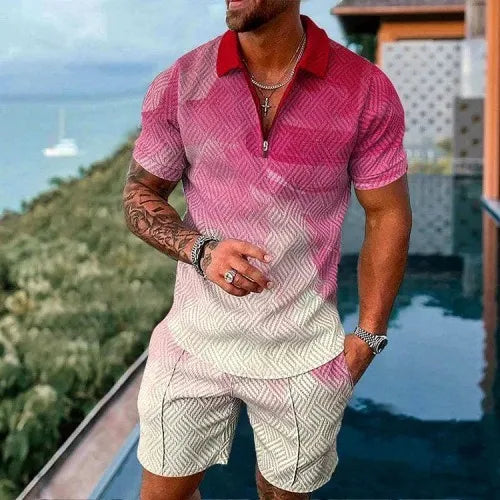 Men's Polo Tracksuit Set Summer Fashion Men Short Sleeve Zipper Polo Shirt&Shorts Set for Men Casual Streetwear 2 Piece Suit