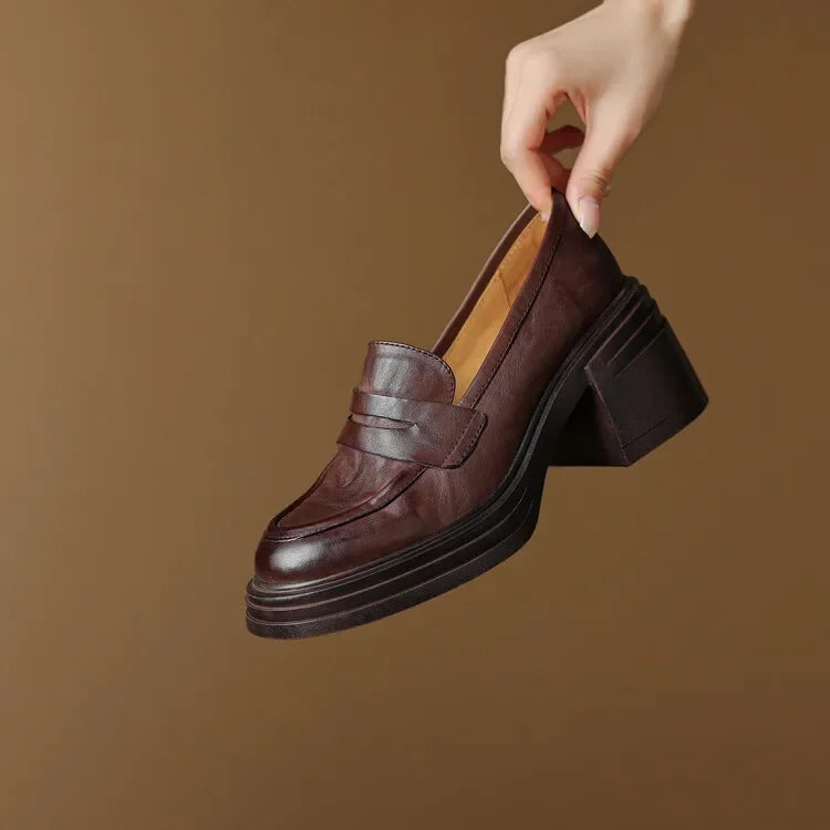 Women Chunky Heel Genuine Leather Wedge Shoes Woman Platform Pumps Female High Heel Zapatos Mujer Handmade thick sole Loafers